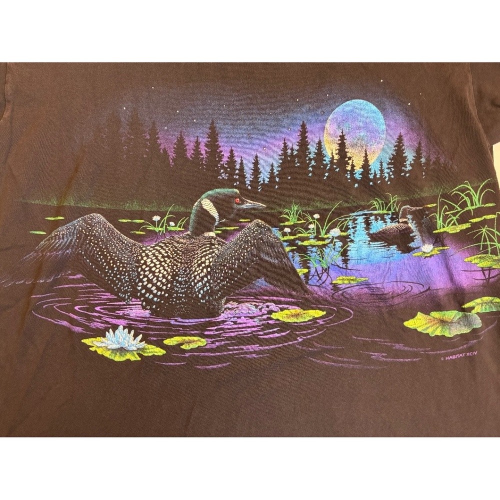 Vintage Habitat Men's T-Shirt L Loon Graphic 90s Duck Moon Pond Singe Stich